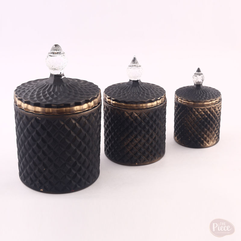 Diamond Cut Painted Glass Candy Jar Set – 3 pcs (Black & Gold Lid, Crystal Knob) - Image 2