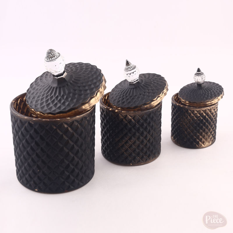 Diamond Cut Painted Glass Candy Jar Set – 3 pcs (Black & Gold Lid, Crystal Knob) - Image 3