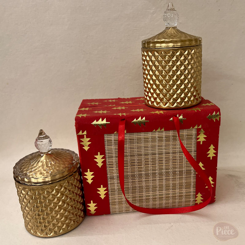 Diamond Cut Painted Glass Candy Jar Set of 2 with Gold Finish