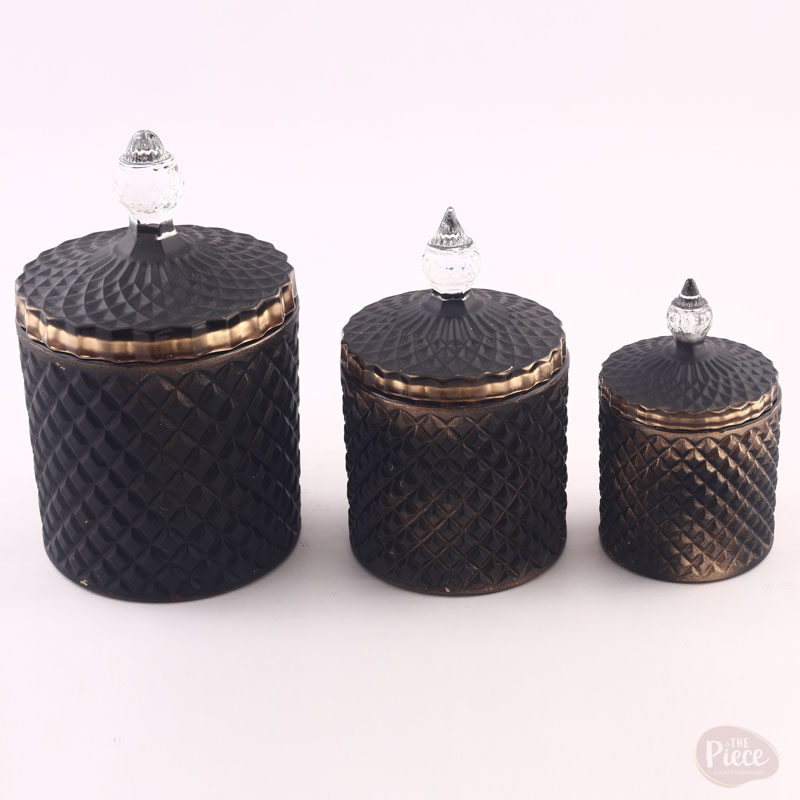 Diamond Cut Painted Glass Candy Jar Set of 3 with Black and Gold Lid