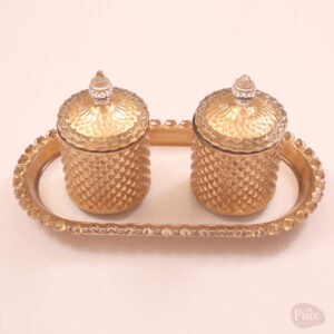 Diamond Cut Painted Glass Candy Jar Set with Tray and Gold Finish