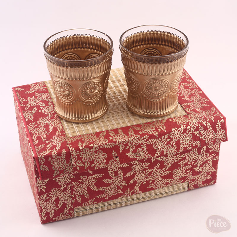Premium Painted Embossed Drinking Glass Set – 6 pcs (Golden Round Embossed Design) - Image 2