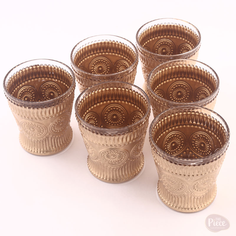 Premium Painted Embossed Drinking Glass Set – 6 pcs (Golden Round Embossed Design) - Image 3