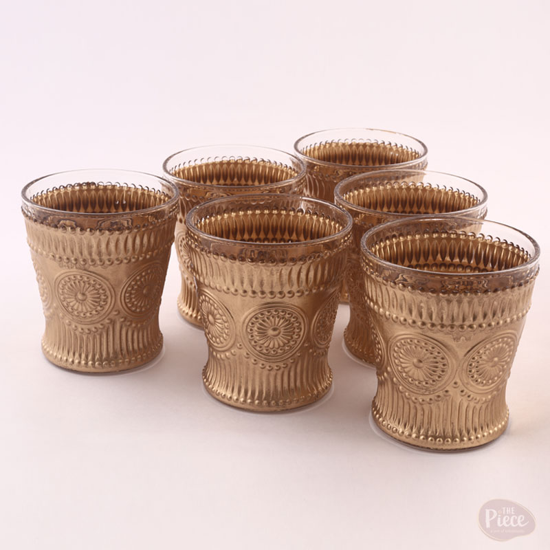 Premium Painted Embossed Drinking Glass Set – 6 pcs (Golden Round Embossed Design) - Image 4