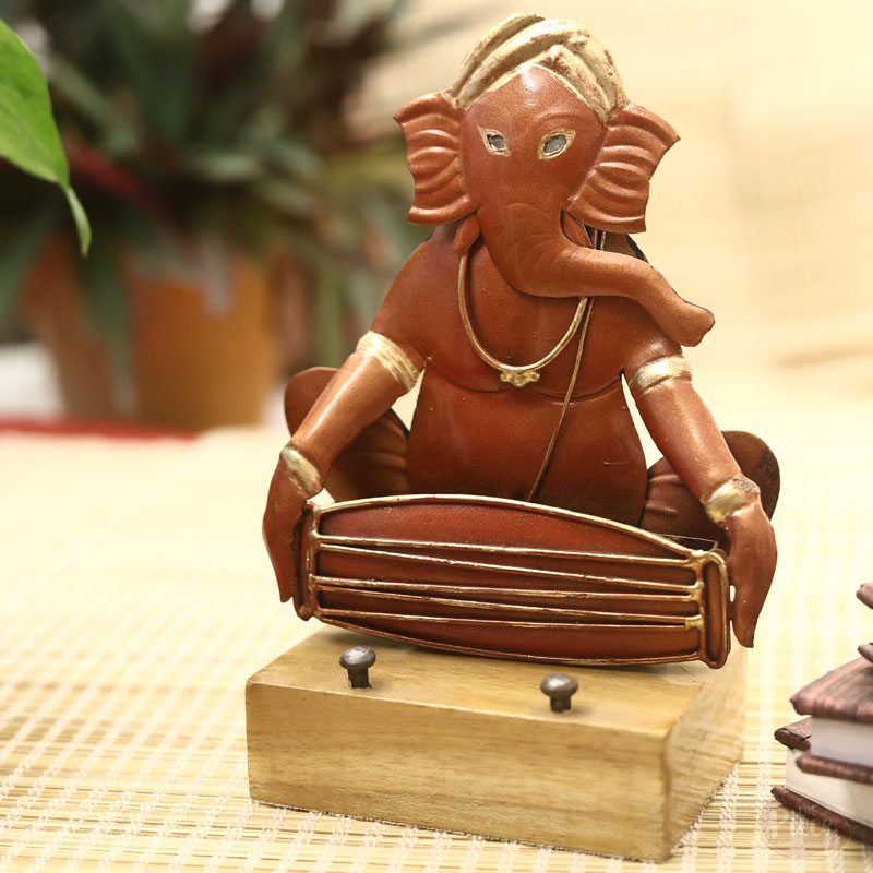 Handcrafted Brass Ganesh Mobile Stand with Wooden Base – Decorative Desk Accessory - Image 2