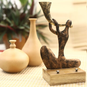 Handcrafted Tribal Trumpet Player Brass Mobile Stand with Wooden Base