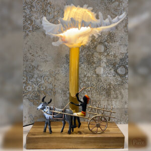 Bullock Cart Sea Shell Table Lamp with Wooden Pillar