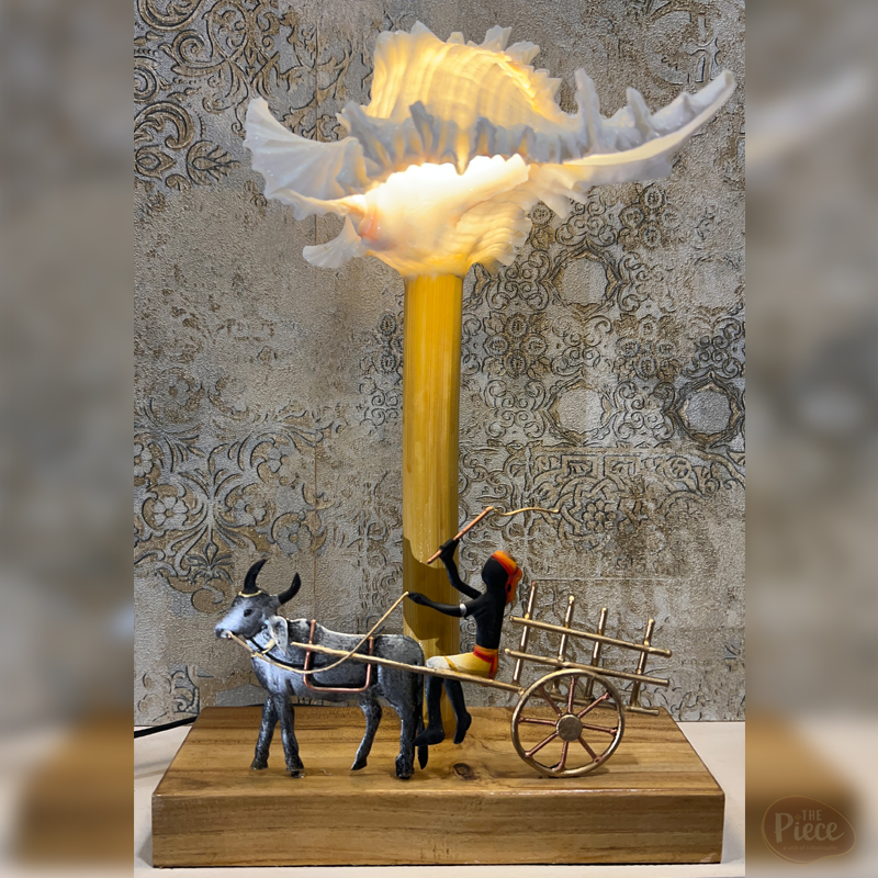 Bullock Cart Sea Shell Table Lamp with Wooden Pillar