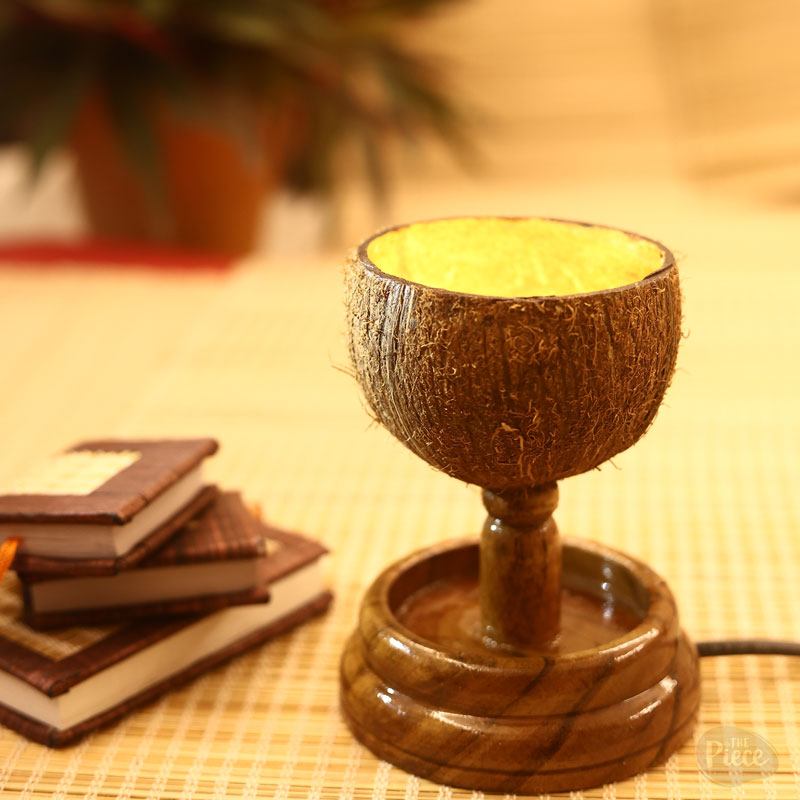 HANDCRAFTED COCONUT SHELL TABLE LAMP WITH WOODEN BASE - Image 2
