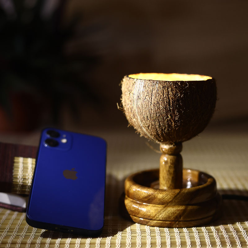 HANDCRAFTED COCONUT SHELL TABLE LAMP WITH WOODEN BASE - Image 4