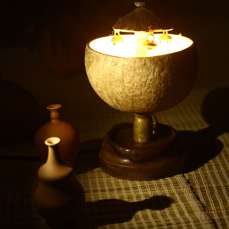 HANDCRAFTED COCONUT SHELL TABLE LAMP WITH HANGING BELLS - Image 2