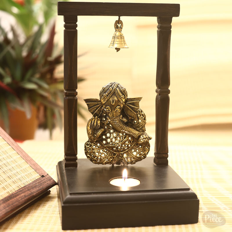 HANDCRAFTED DOKRA ART BRASS GANESH TEA LIGHT HOLDER WITH WOODEN FRAME - Image 2