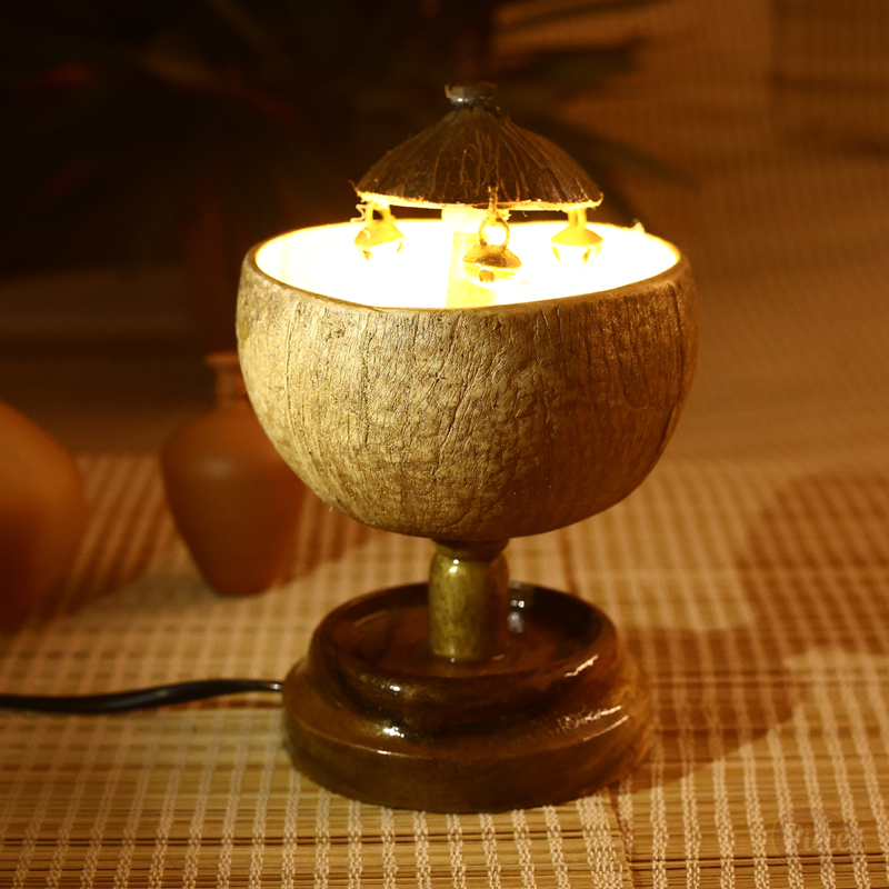 Handcrafted Coconut Shell Table Lamp with Hanging Bells for Home Décor