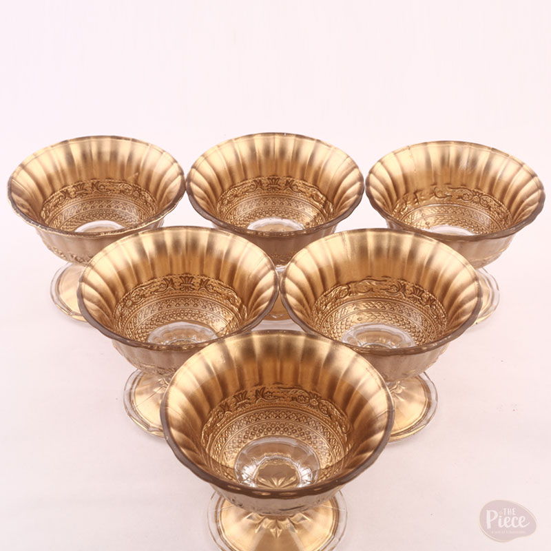 Royal Gold Fluted Glass Ice Cream Bowls with Pedestal – Set of 6 - Image 3