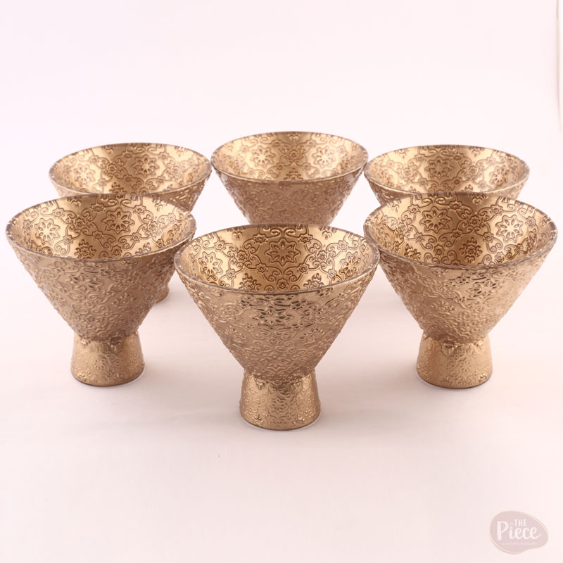Antique Gold Embossed Glass Ice Cream Dessert Bowls – Set of 6 - Image 3