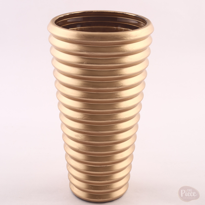 HAND PAINTED GOLD RIBBED GLASS FLOWER VASE – TALL CYLINDRICAL DESIGN - Image 2