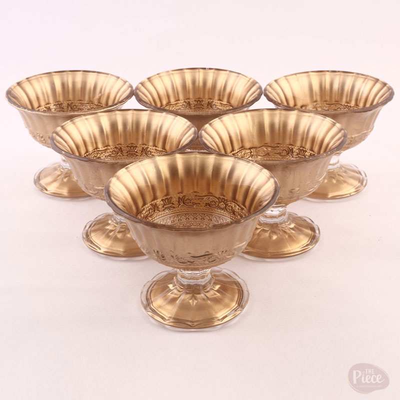 Royal Gold Fluted Glass Ice Cream Bowls with Pedestal for Dessert Serving