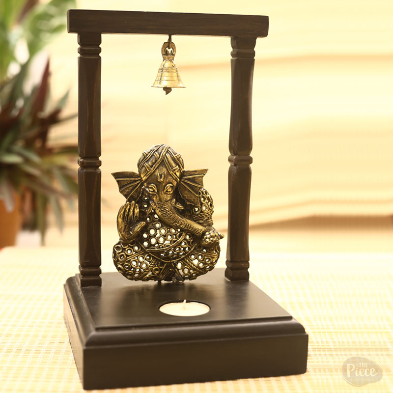 Handcrafted Dokra art brass Ganesh tea light holder with wooden frame