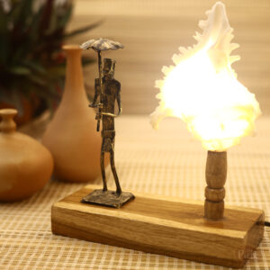 Eco friendly tribal shell table lamp with wooden base