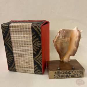 Natural sea shell mobile stand with engraved wooden base and premium packaging