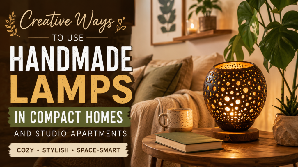 Handmade lamp styled in a cozy compact home living room with warm ambient lighting and natural décor.
