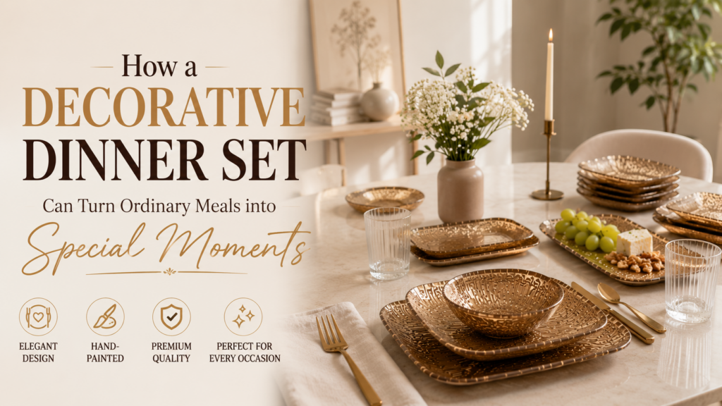 Hand-painted glass decorative dinner set with full plates, quarter plates, and serving platters styled on an elegant dining table.