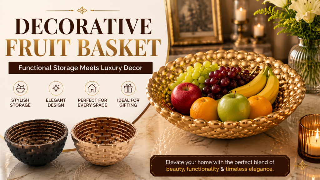 Decorative Fruit Basket styled on a luxury dining table with fresh fruits