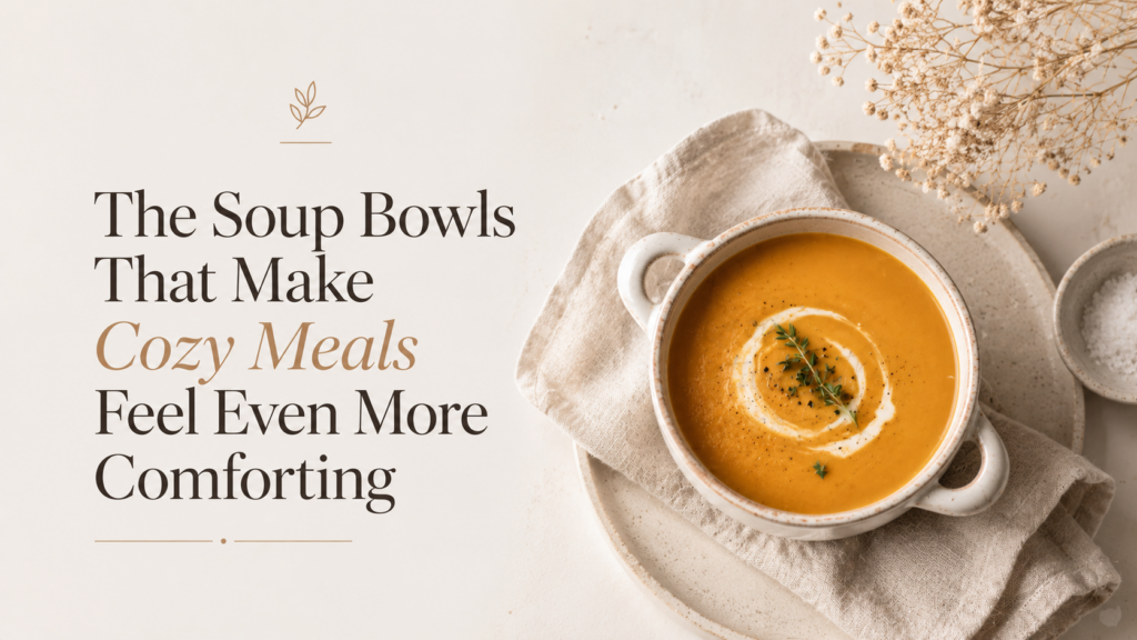 Decorative soup bowls filled with creamy soup styled on an elegant dining table with candles and artisan bread in a cozy luxury setting.