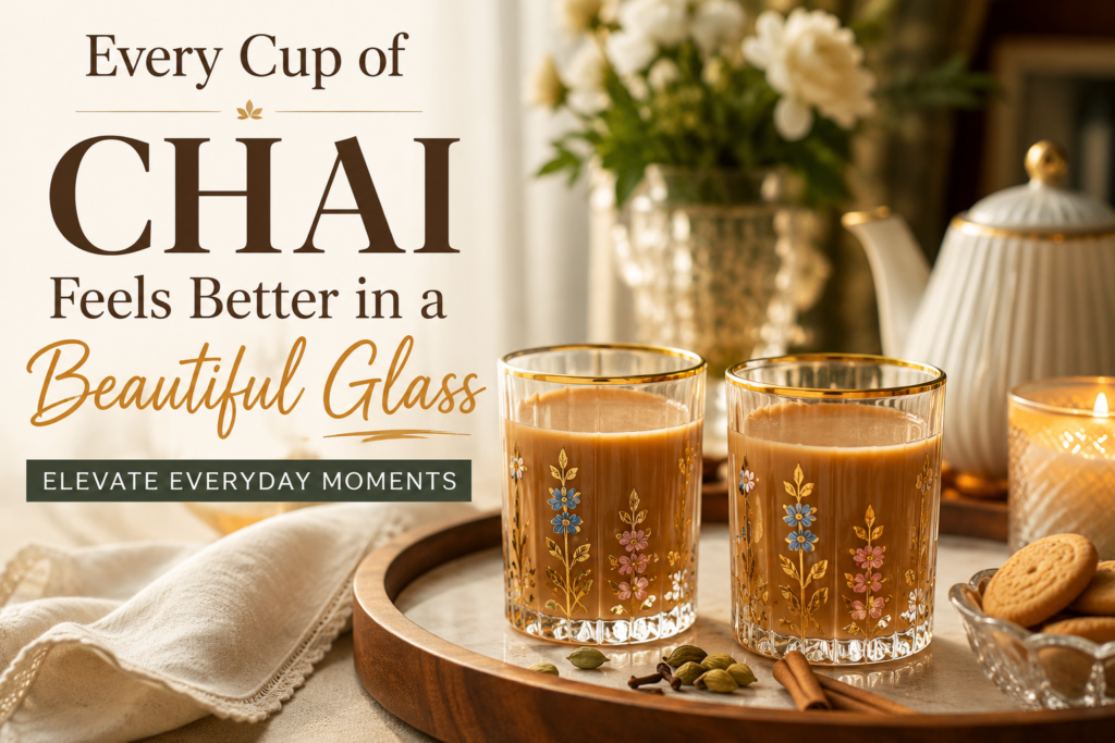 Decorative Tea and Chai Glasses beautifully styled with freshly brewed chai on a luxury tray in a cozy and elegant home setting.