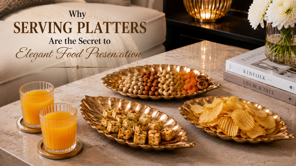 Decorative metallic finish serving platter styled with snacks for elegant food presentation