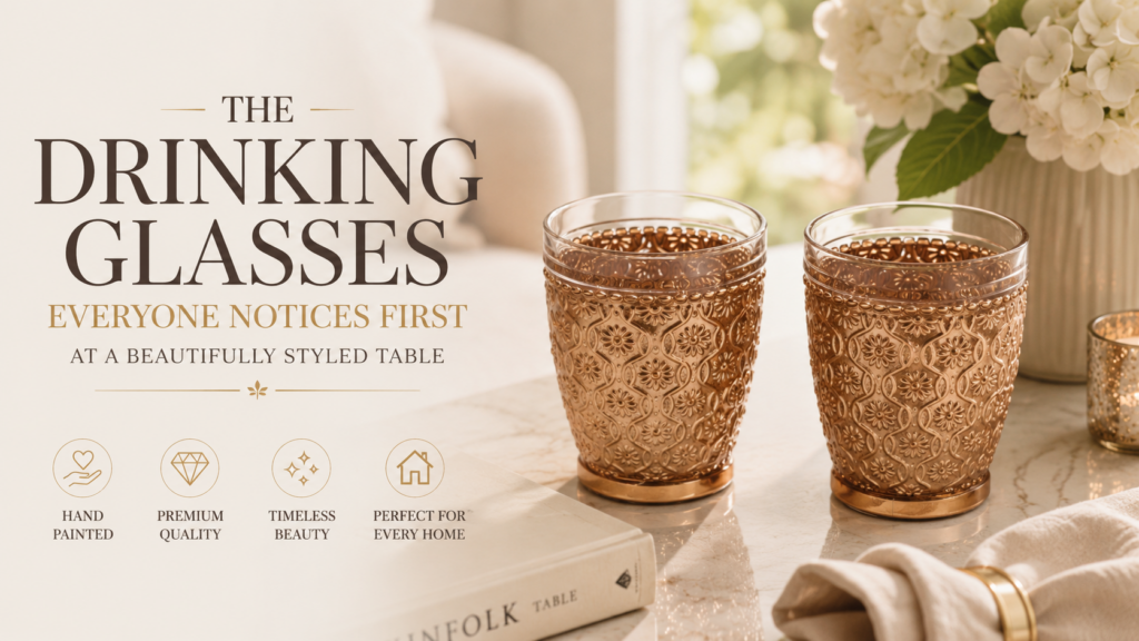 Hand-painted gold finish glass drinking glasses styled on a marble table with flowers and candles in a minimal luxury home setting.