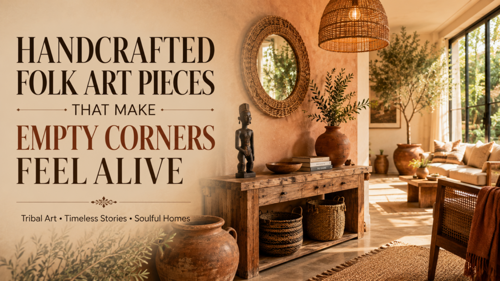 Handcrafted Folk Art Pieces styled in a luxury bohemian living room with tribal figurines and earthy décor.