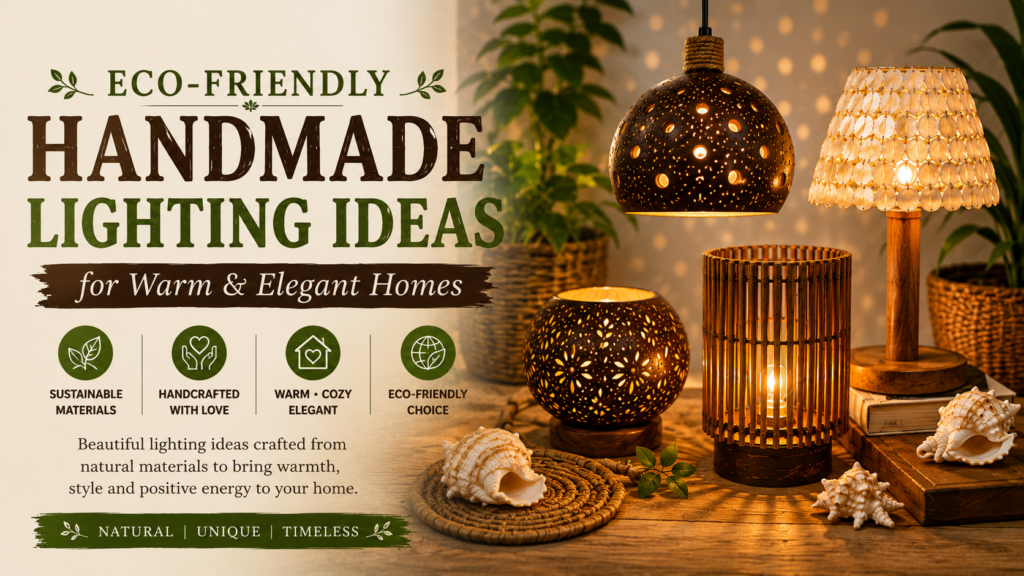 Handmade lighting ideas featuring coconut shell lamps, sea shell lamps, and bamboo lighting