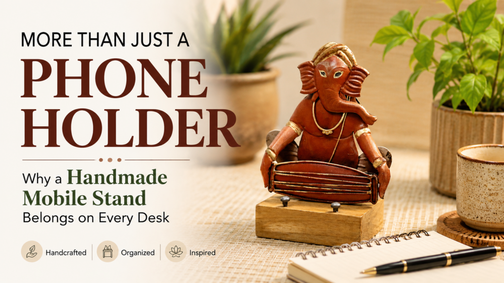 Handmade Mobile Stand styled on a modern workspace desk beside a laptop and notebook.