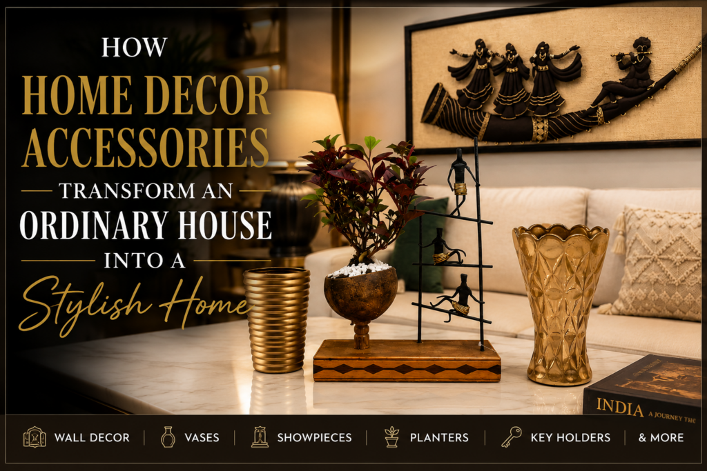 Luxury living room featuring decorative wall hanging, gold vase, and indoor planter styled in a modern home interior.