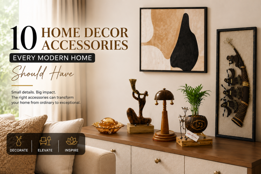 Modern living room styled with wall décor, decorative accessories, artistic showpieces, accent lighting, and indoor planter ideas.