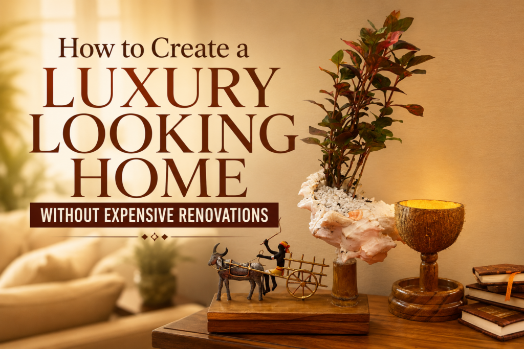 Luxury Looking Home styled with decorative planters, handcrafted accessories, warm lighting, and elegant living room decor.