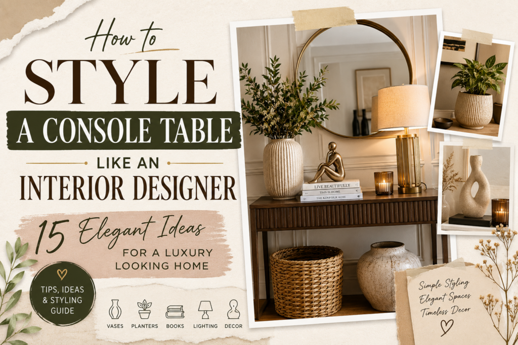 How to Style a Console Table Like an Interior Designer using decorative accessories, vases, indoor planters, and warm lighting.