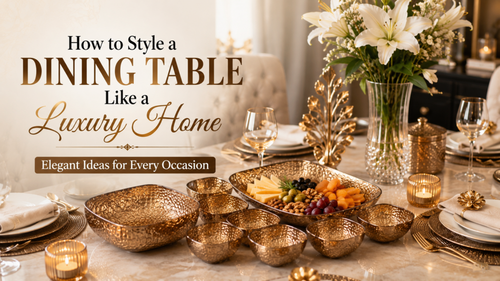 How to style a dining table like a luxury home using elegant gold serving bowls, snack bowls and premium dining accessories