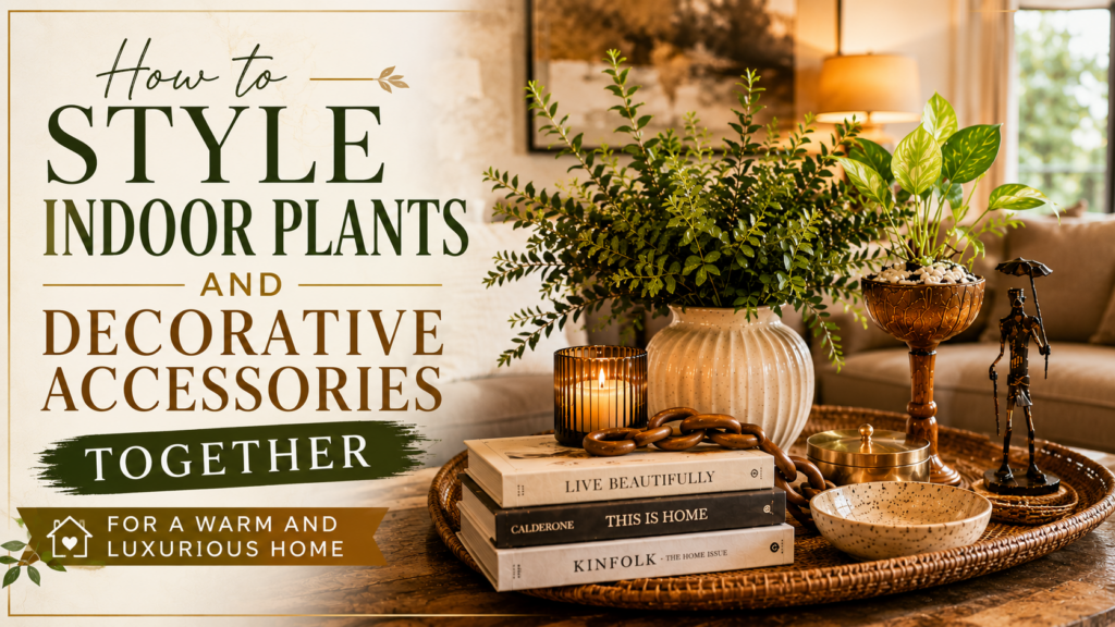 Indoor Plants and Decorative Accessories styled together in a warm and luxurious living room.