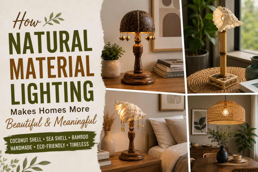 Natural material lighting using handcrafted coconut shell, sea shell, and bamboo lamps