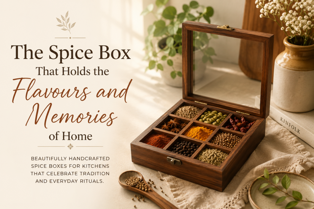 Handcrafted wooden spice box filled with colorful spices styled in an aesthetic kitchen setting celebrating the flavours and memories of home.