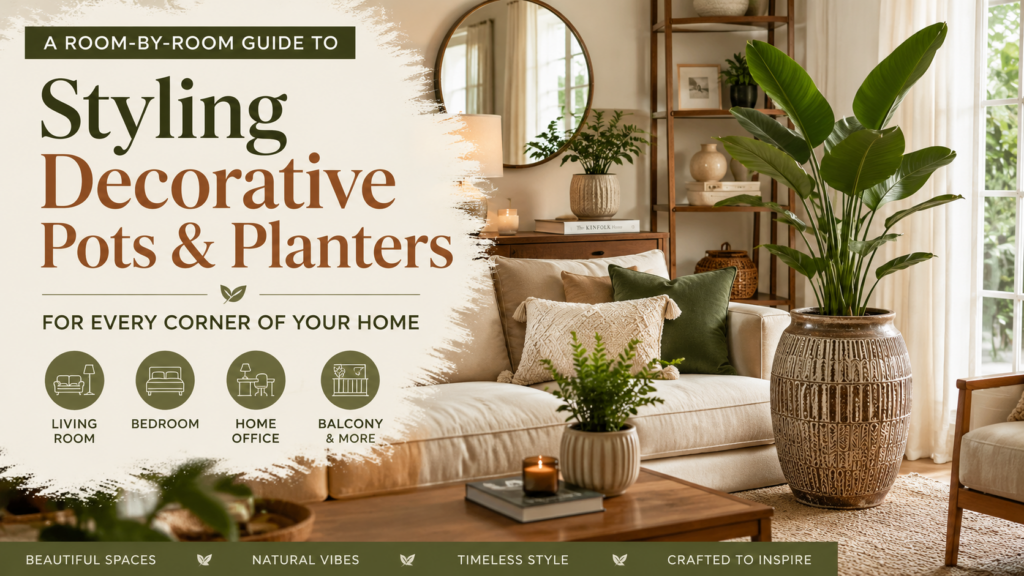 Decorative pots and planters styled beautifully in a modern living room.