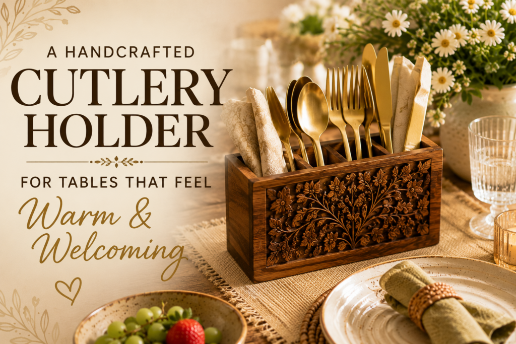 Handcrafted wooden decorative cutlery holder beautifully styled on an elegant dining table with gold cutlery, ceramic dinnerware, linen napkins, fresh flowers, and candles.