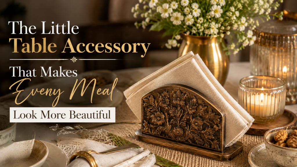 Handcrafted decorative napkin holder styled on an elegant dining table with candles, flowers, and linen napkins creating a warm and beautiful table setting.