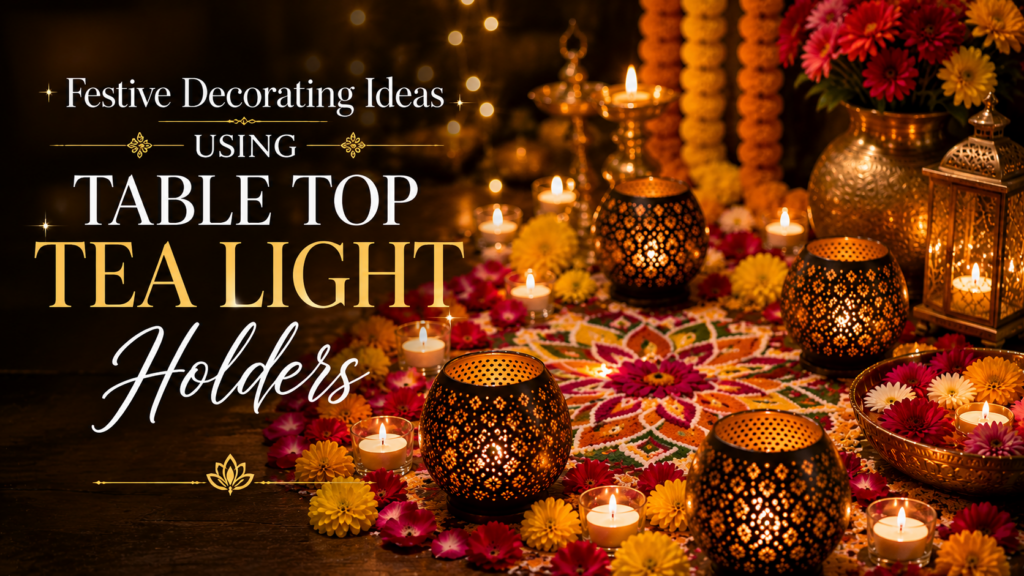 Festive table decorated with handcrafted table top tea light holders and warm candlelight.