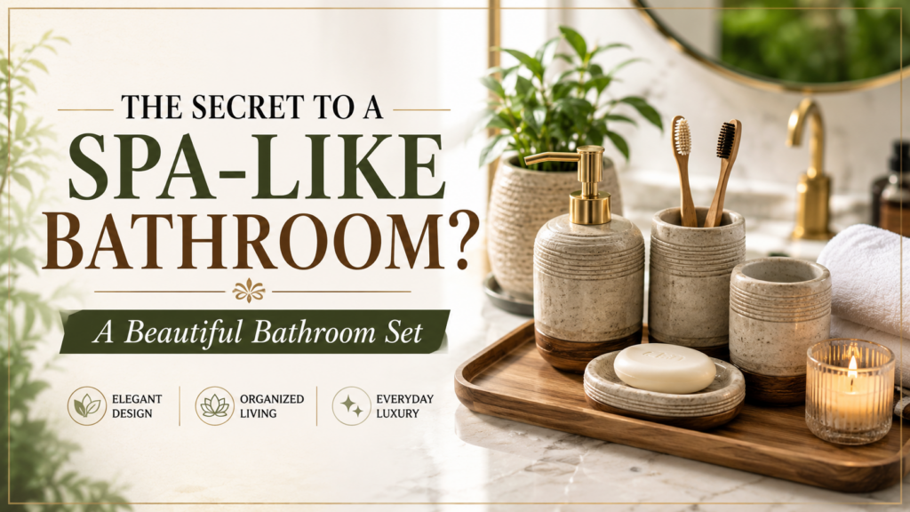 Bathroom Set styled on a luxury bathroom vanity creating a spa-like atmosphere.